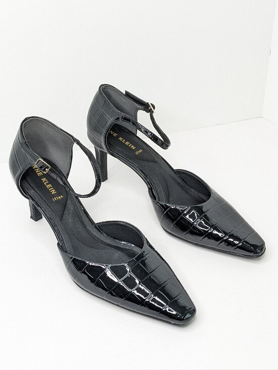 Anne Klein Shoes - Anne Klein Robyn Croc Embossed Ankle Strap Pumps Black Women's 8.5
